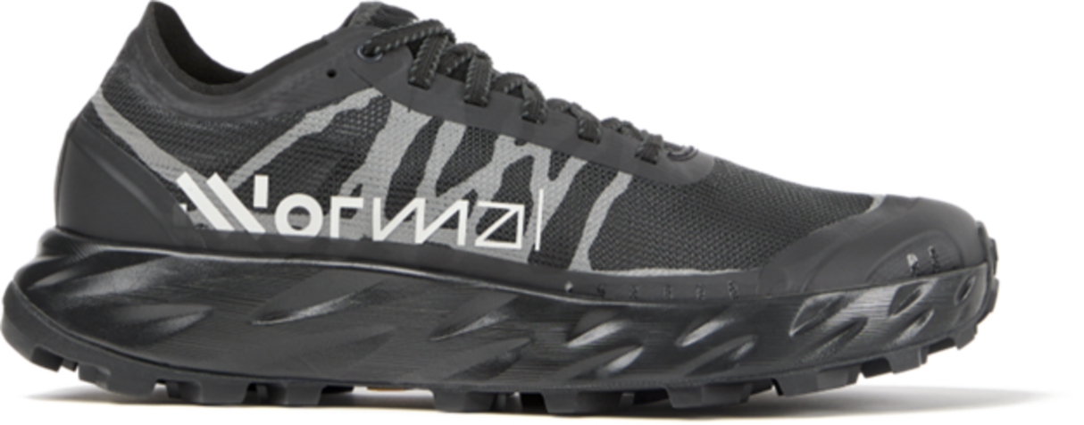 Black and gray running shoe with brand logo on a white background
