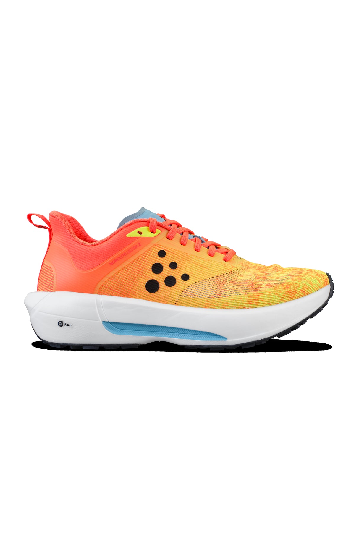 running shoes multi color orange and yellow with a white sole with a little blue