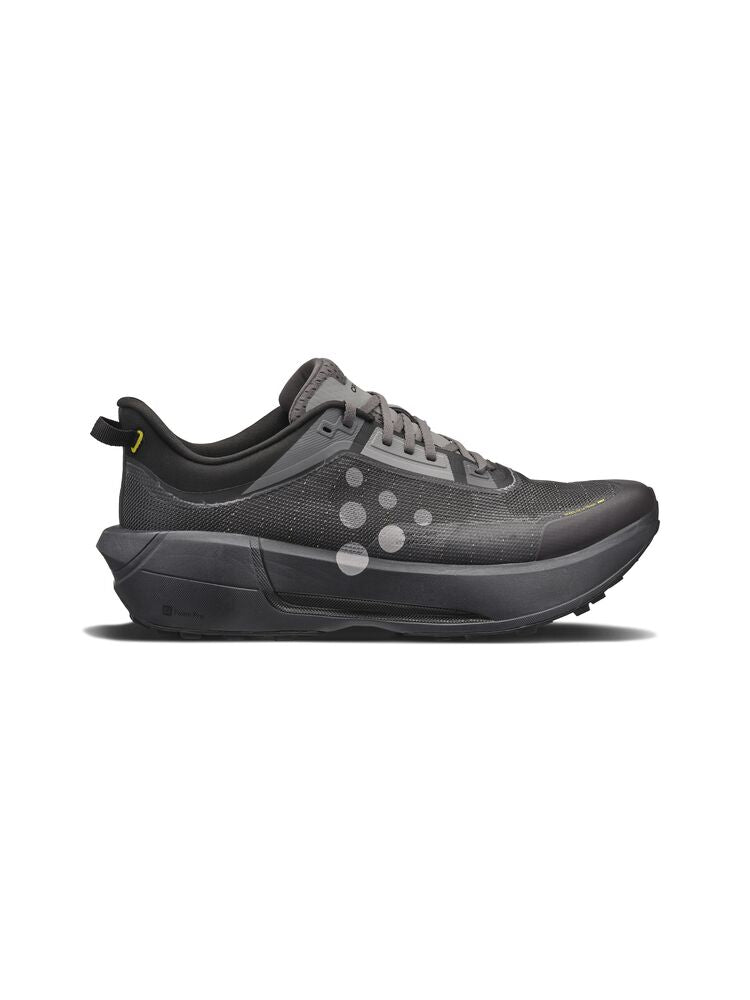 Gray running shoe with brand logo on a white background