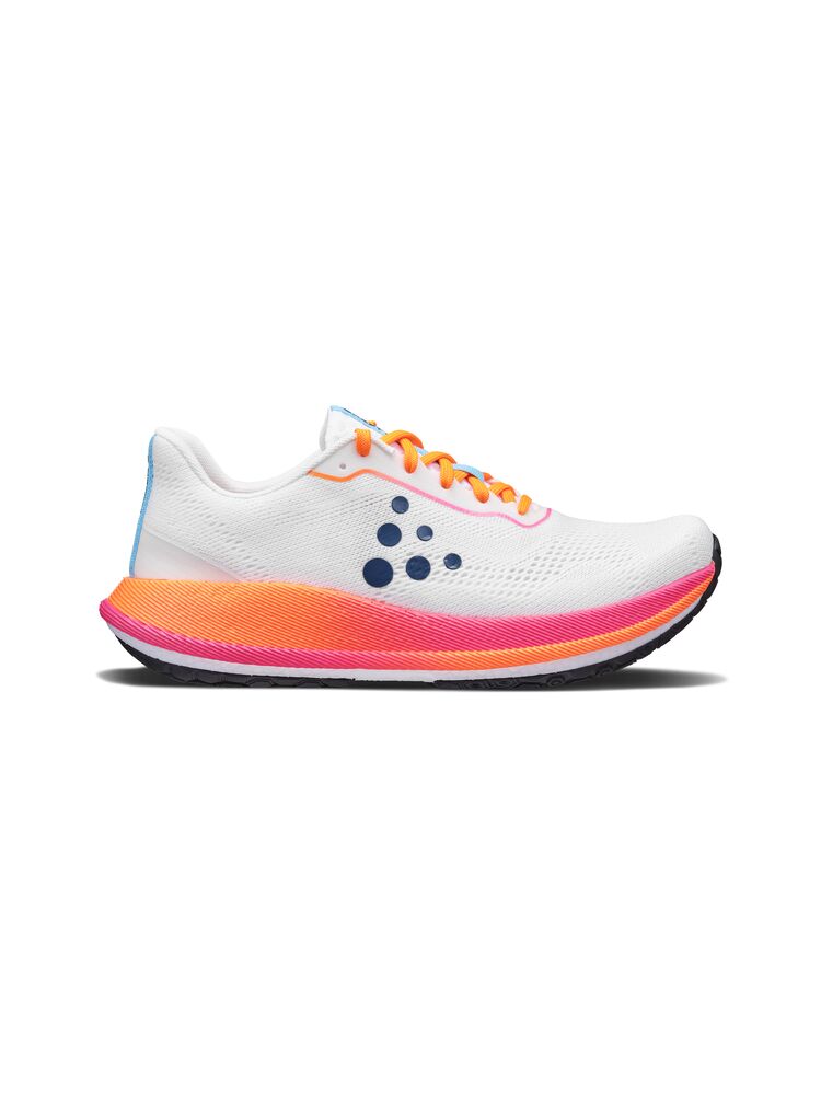 White running shoe with orange and pink accents on a white background