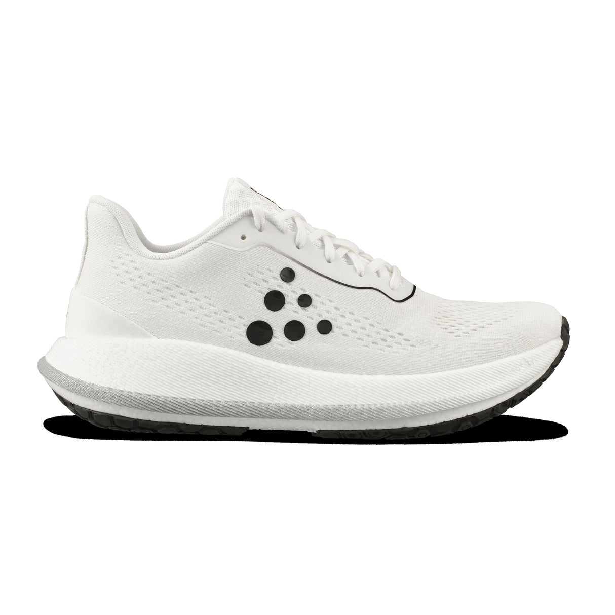 White running shoe with brand logo on a white background