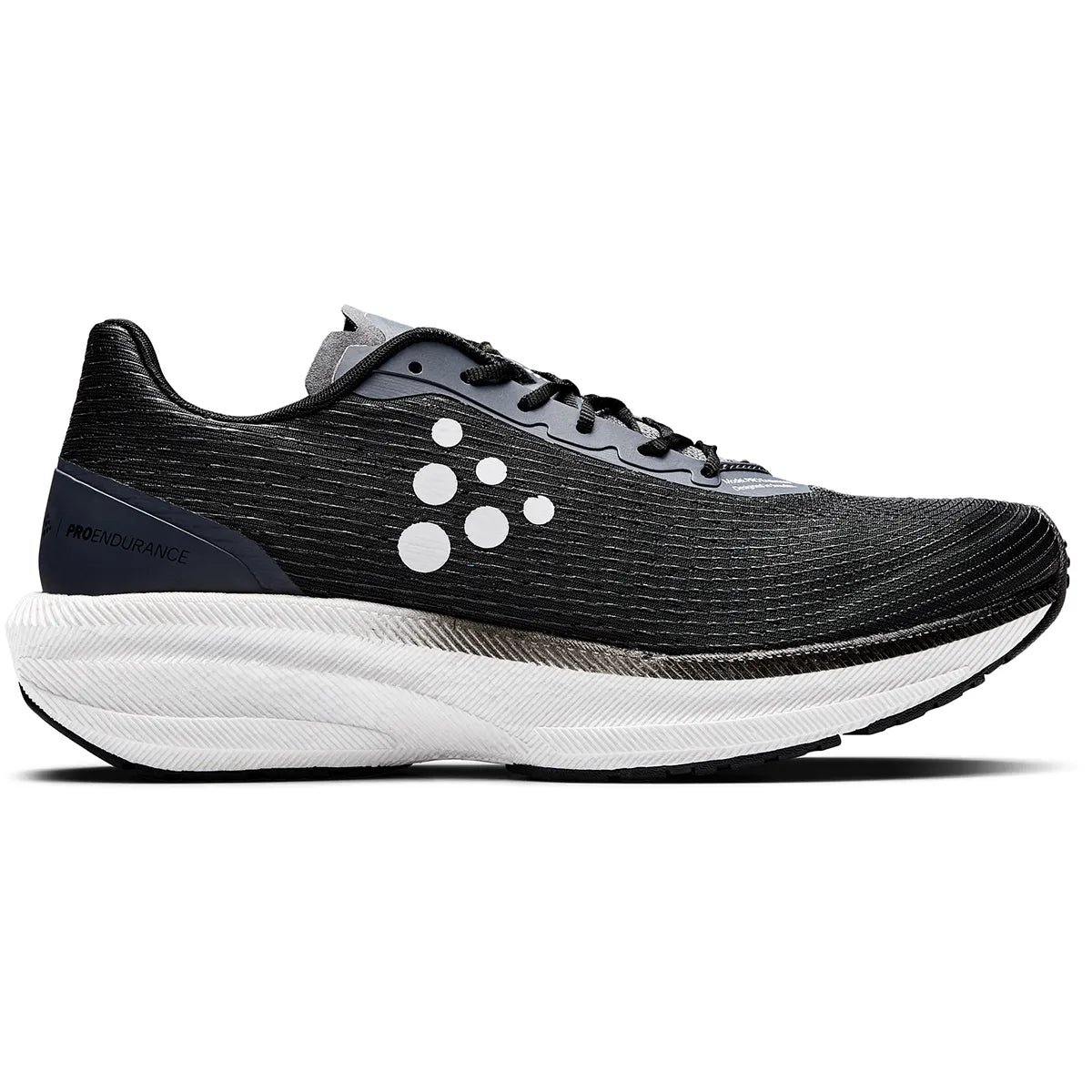 Black running shoe with white sole on a white background