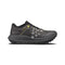 Black trail running shoe on a white background