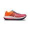 Orange and red running shoe with white sole on a white background