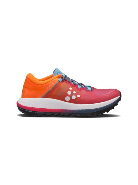 Orange and red running shoe with white sole on a white background