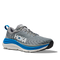 Gray running shoe with blue and white sole on a white background