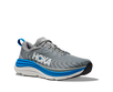 Gray running shoe with blue and white sole on a white background