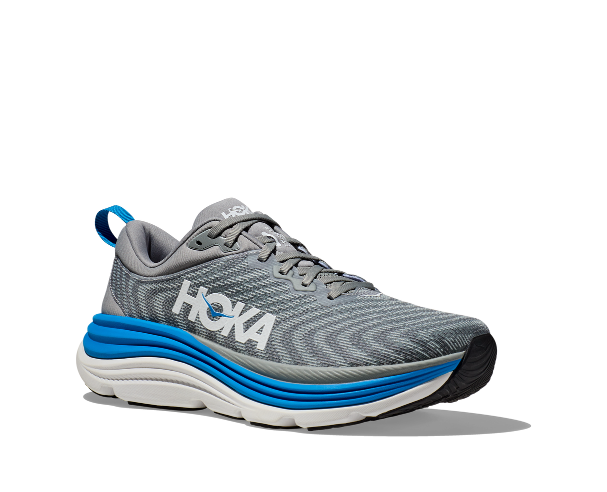 Gray running shoe with blue and white sole on a white background