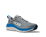 Gray running shoe with blue and white sole on a white background