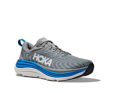 Gray running shoe with blue and white sole on a white background