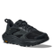 Black athletic shoe with orange Vibram logo on sole on a white background