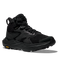 Black hiking boot with orange Vibram logo on sole on a white background