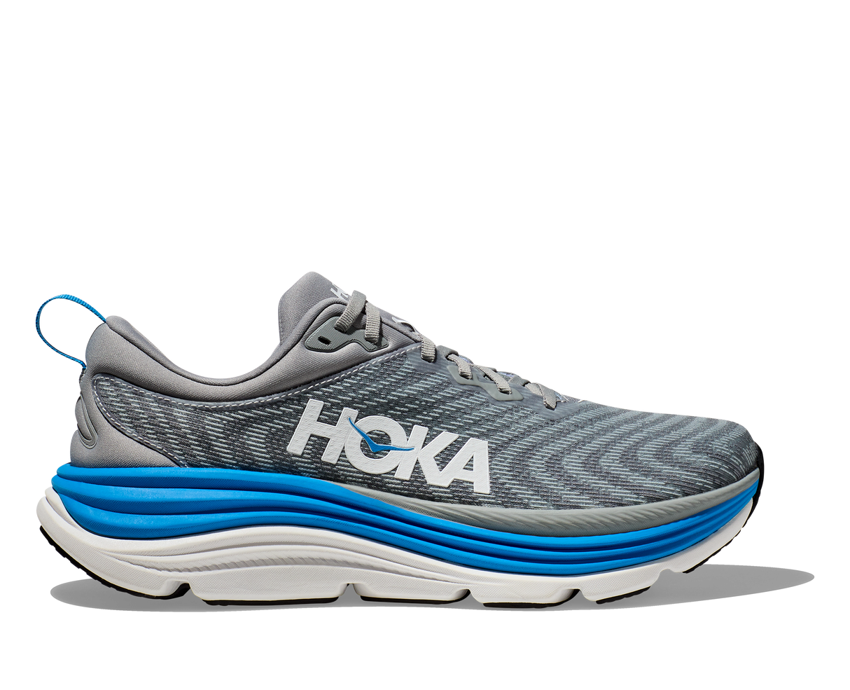 Gray running shoe with blue sole and white sole on a white background