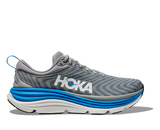 Gray running shoe with blue sole and white sole on a white background