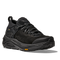 Black hiking shoe with a textured sole on a white background