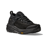 Black hiking shoe with a textured sole on a white background