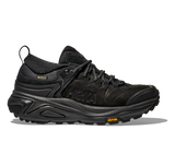 Black hiking shoe with visible brand logos on a white background