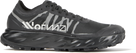 Black and gray running shoe with brand logo on a white background