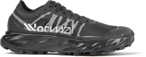Black and gray running shoe with brand logo on a white background