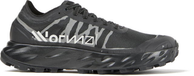 Black and gray running shoe with brand logo on a white background