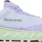 Light purple running shoe with green sole on a white background