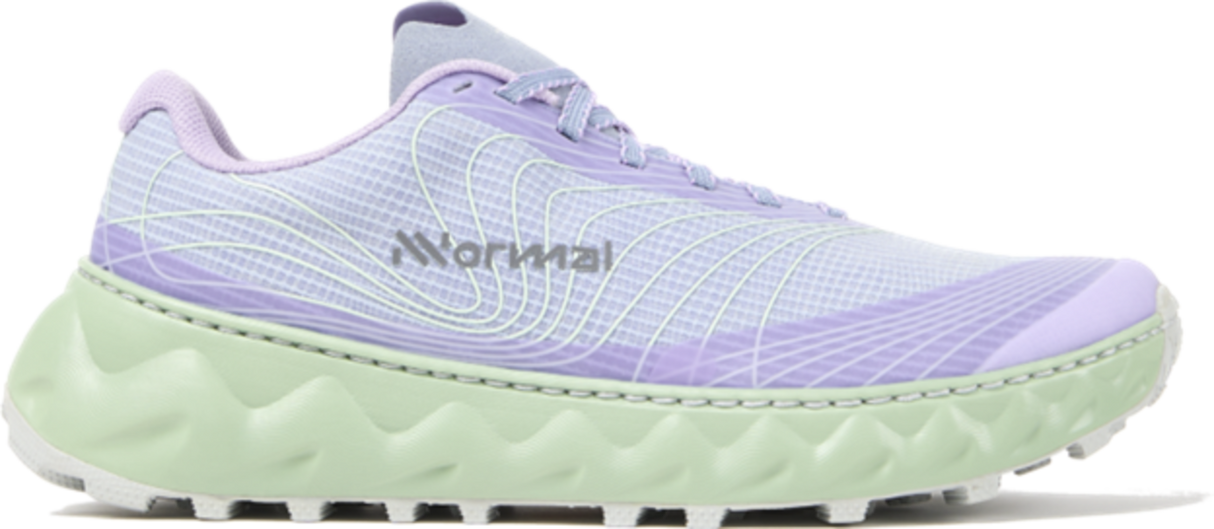 Light purple running shoe with green sole on a white background