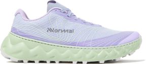 Light purple running shoe with green sole on a white background