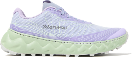 Light purple running shoe with green sole on a white background