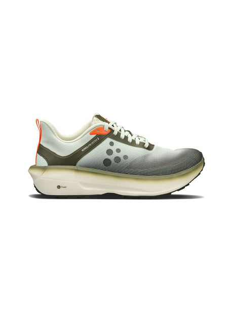 White running shoe with green and orange accents on a white background