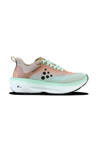 Running shoes combination of colors beige and a green blue color 