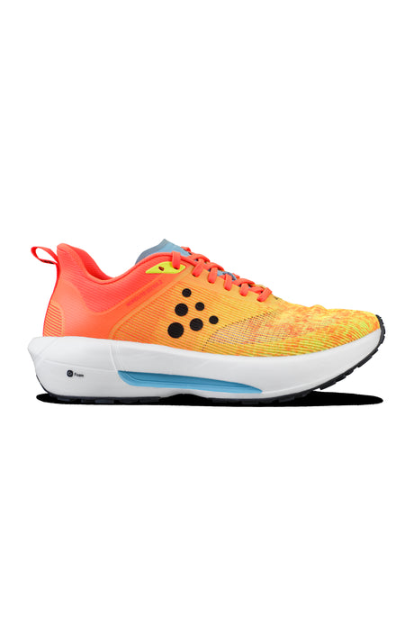 running shoes multi color orange and yellow with a white sole with a little blue