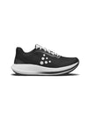 Black running shoe with white sole on a white background
