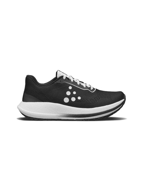 Black running shoe with white sole on a white background