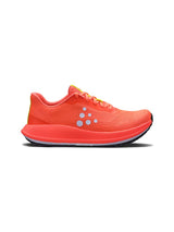 Orange running shoe with a white sole on a white background