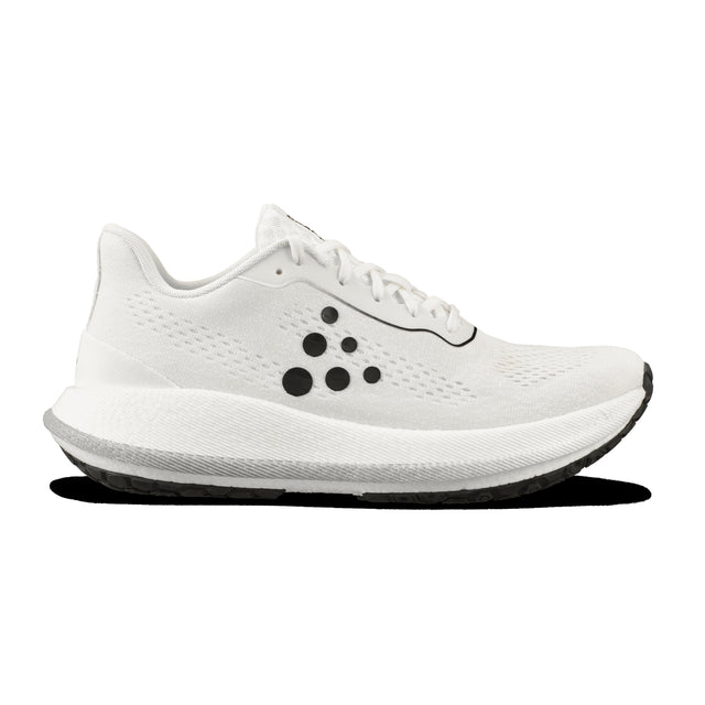 White running shoe with brand logo on a white background