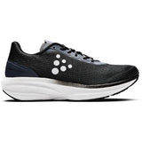 Black running shoe with white sole on a white background