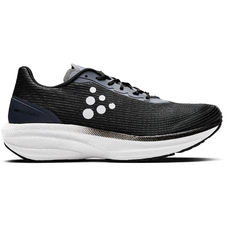 Black running shoe with white sole on a white background