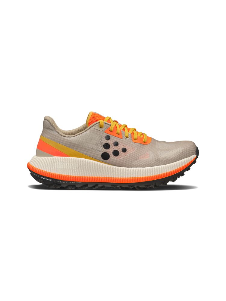 Beige and orange running shoe on a white background
