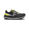 Black running shoe with yellow accents on a white background