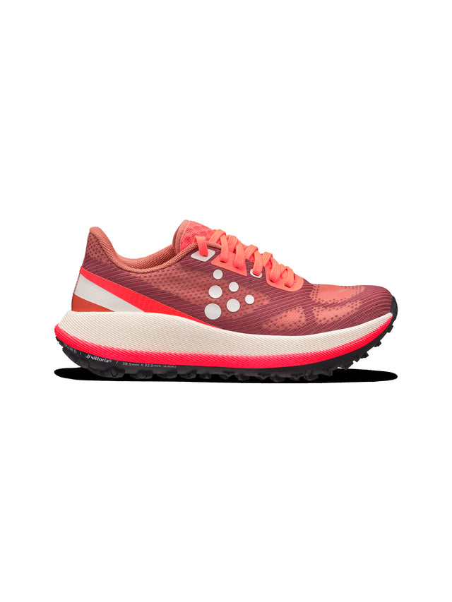 Running shoe with red and white design on a white background
