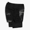 A pair of black women's active shorts with a subtle pattern and reflective details.